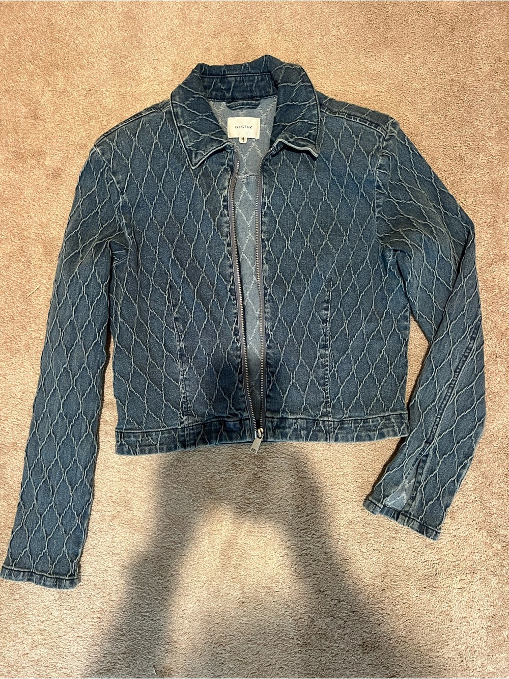 Textured Diamond-Quilt Denim Jacket - Blue